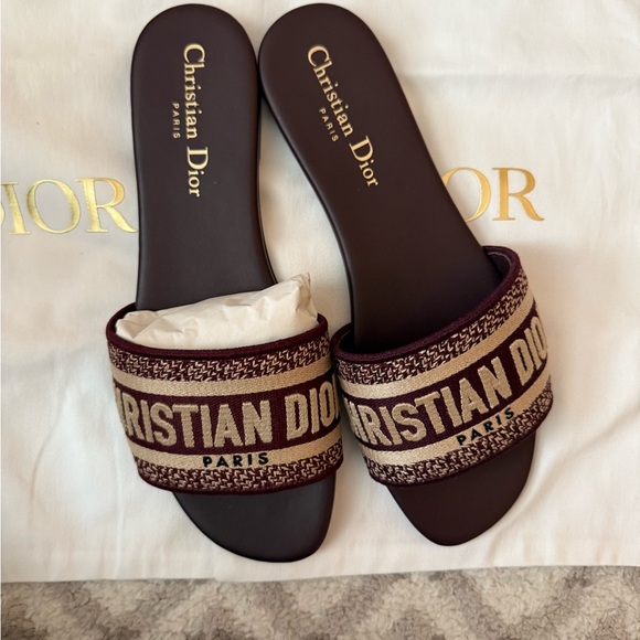 Dior DWAY Burgundy and Beige Slide Sandals - Picture 1 of 8